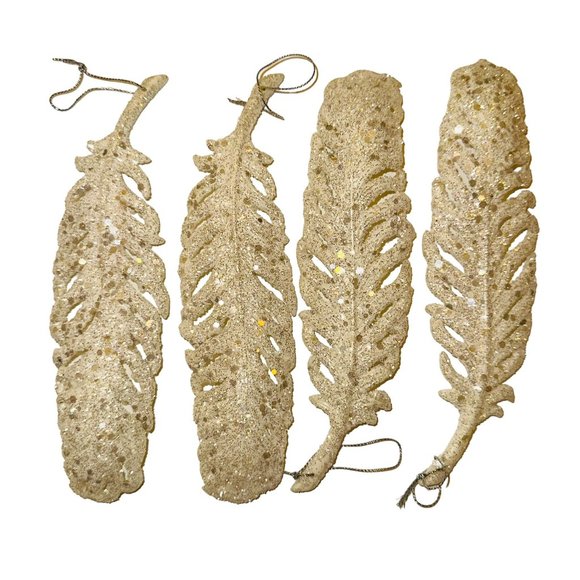 set of 4 large cream glitter feather ornaments 80s vintage - Picture 2 of 4